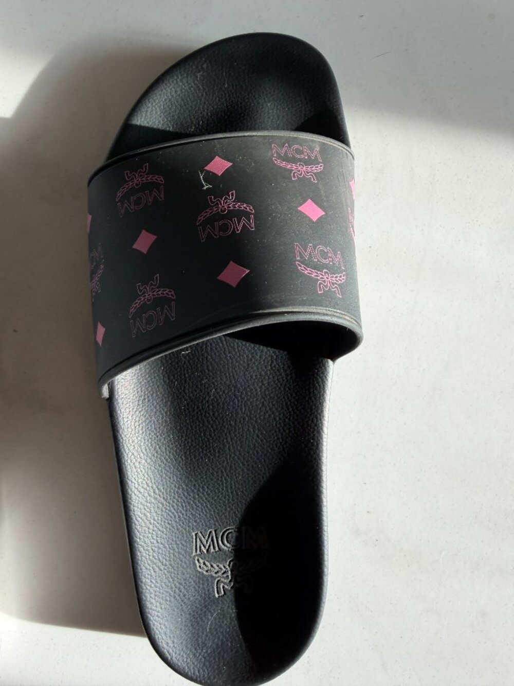 MCM Black Pink Monogram Print Rubber Slides Sandals Great Used Condition w/ Box - Picture 8 of 12
